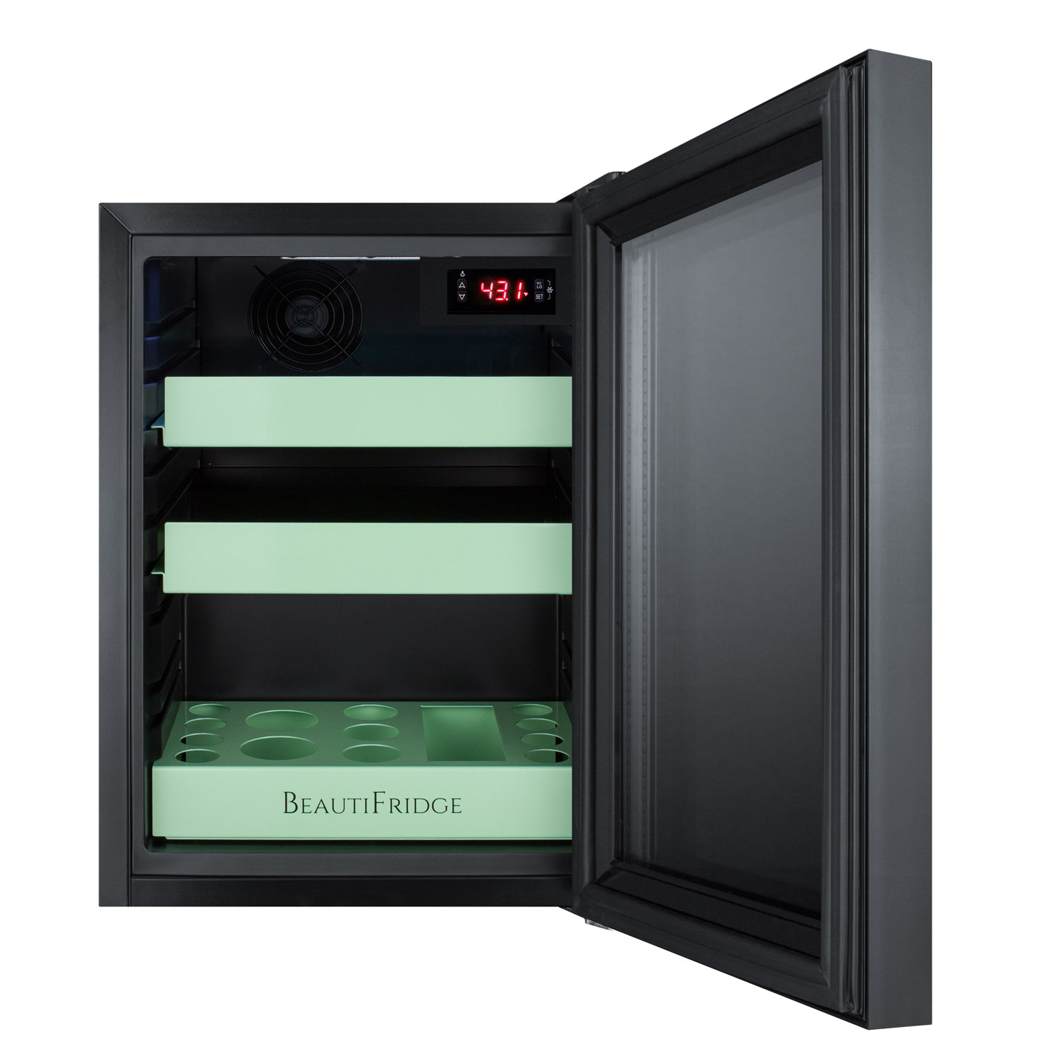 BeautiFridge compact cosmetics cooler with mirror-tinted glass door, black cabinet, lock, glossy mint shelves, and digital controls set for the storage of beauty products